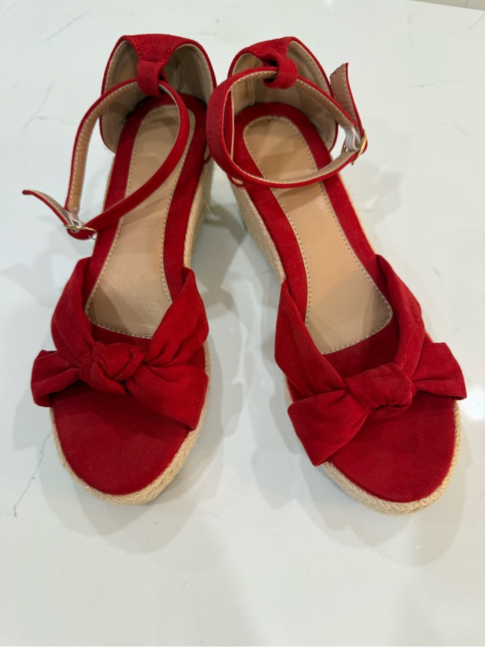 ❤️ Red Suede Bow Wedge Sandals